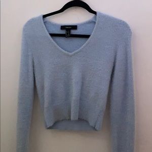 Blue Fuzzy Long Sleeve Slightly Cropped Sweater